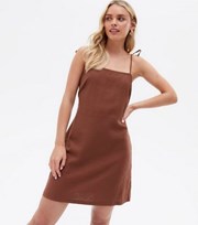 New Look Petite Brown Linen Blend Tie Strap Mini Dress